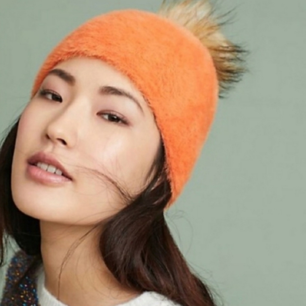 Anthropologie Orange Pom Winter Hat Beanie